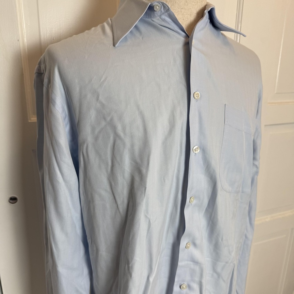 John W. Nordstrom Shirt Mens 16.5 37 Light Blue Herringbone Dress Long Sleeve - Picture 3 of 7